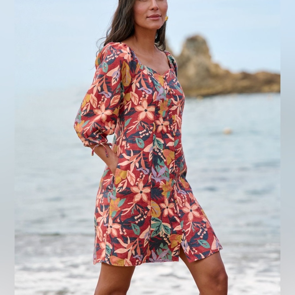 Garnet Hill Linen Floral Puff Sleeve Dress Button Front Cottage Garden Party